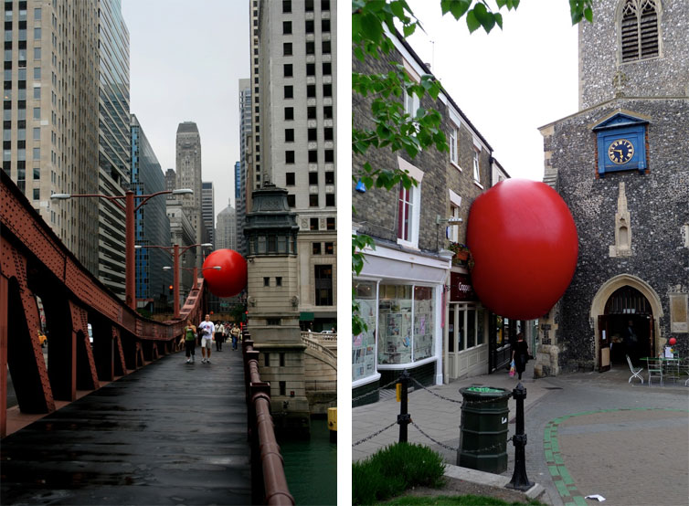 giant red ball art installation in the nooks of cities.