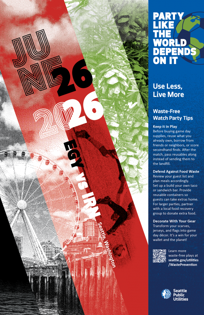 Poster celebrating soccer, PNW nature, Seattle and the Egypt and Iran flags