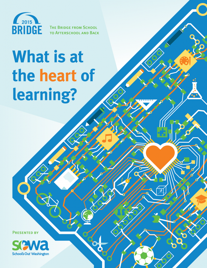 Event program cover design with custom circuit board illustration to match their theme of What is at the Heart of Learning and their maker community.
