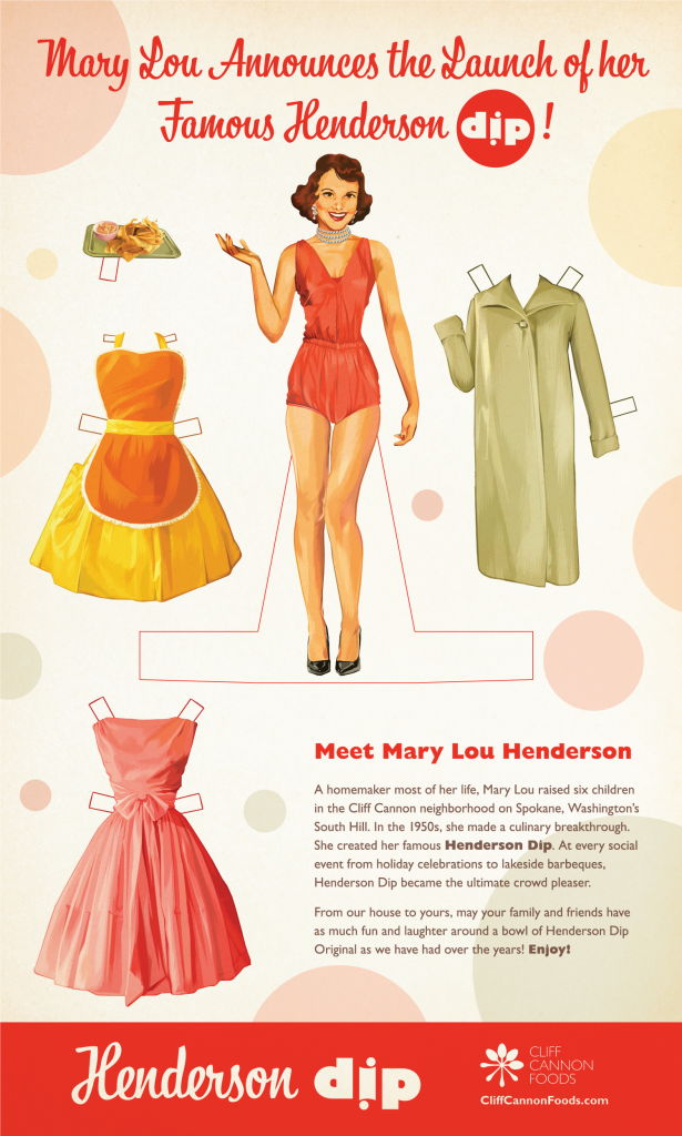 Marketing poster design for launching Henderson Dip with vintage paper doll theme.