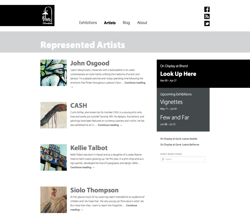 Sample screen shoot of Bherd's Represented artists page