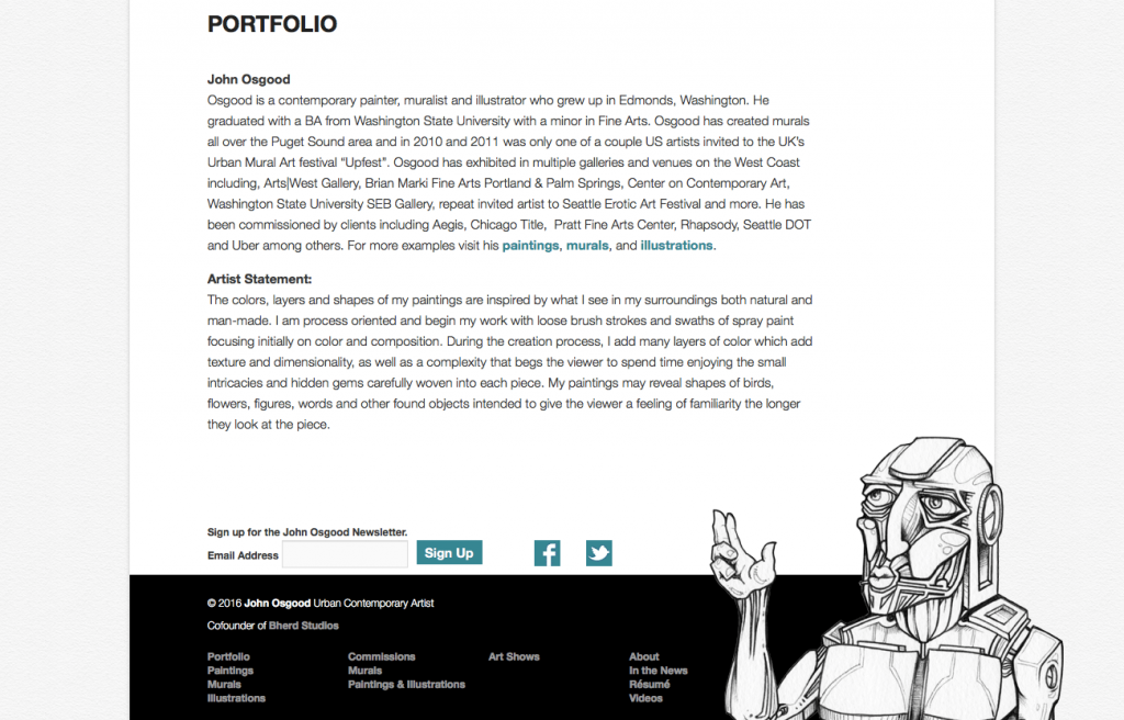 John Osgood's portfolio website built on WordPress with illustration in the footer (screenshot)