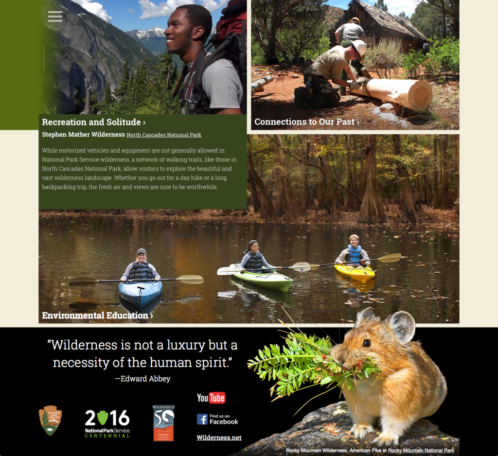Screenshot of the new Wilderness Website design, shows footer links to personal stories, and a little Pika eating some greens.