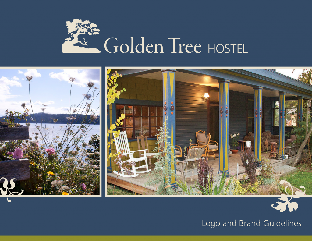 Golden Tree Hostel Brand Guide cover with images of the hostel and of Orcas Island