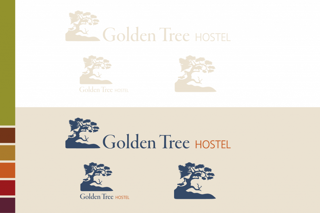 Golden Tree Hostel logo variations and color palette defined.